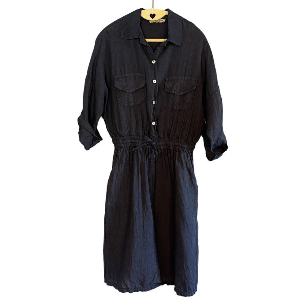 Francesca Bettini Linen Tab Sleeve Dress in Navy Blue | SZ M